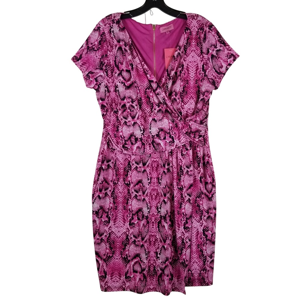 Carmen Marc Valvo Dress XL Pink Snakeskin Faux Wrap Sheath V-Neck Sort Sleeve